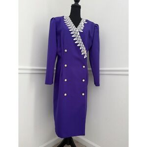 80s Vintage Purple Power Dress with Lace Trim Secretary Core Torino Fashions XL